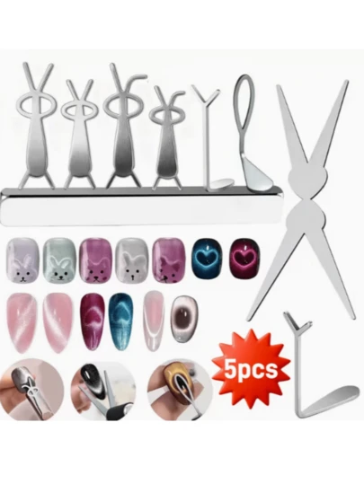 5pcs Cat Eye Y-Shaped/Cute Folded Ear Rabbit Shaped Iron Nail Art Auxiliary Tools, [Non-Electric] Elegant French Manicure Cat Eye Nail Decoration Accessory Tool Set