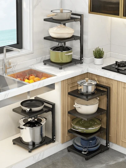 1pc Adjustable 3-Tier & 4-Tier Pot Rack, Storage Shelf, Stainless Steel Sink Organizer Rack, Multi-Layer Household Cabinet, Kitchen & Dining Storage Shelf