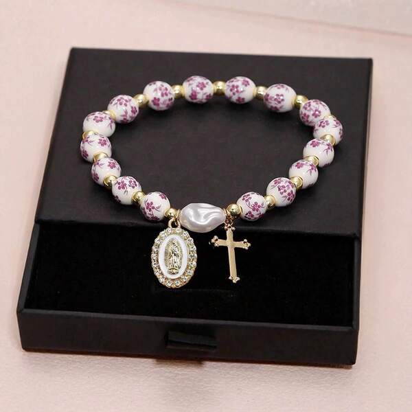 1pc Elegant Ceramic Bracelet, Made With Golden Beads And Faux Baroque Pearls, Decorated With Stainless Steel Virgin Mary Pendant, Ideal Gift/Christian Jewelry/Religious Gift