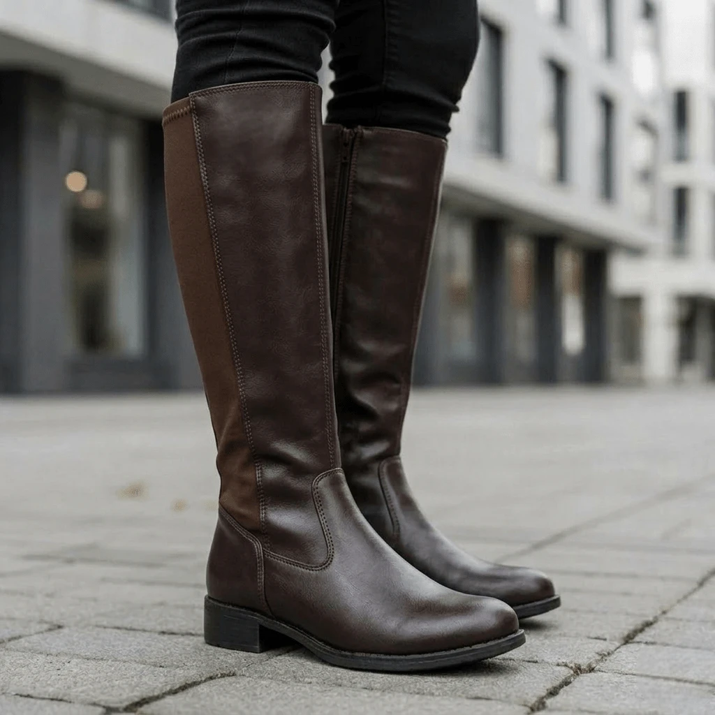 Women's High-Top Riding Boot With Side Zipper, Comfortable, Low Heel, Non-Slip, Stylish Winter Fashion - Coffee Brown - View 1