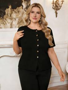 Áo khoác cardigan dệt kim mới dành cho nữ cỡ lớn, phù hợp cho mùa xuân và mùa hè, phong cách tối giản thanh lịch thường ngày, tay ngắn với cúc kim loại, áo len màu đen trơn thời trang dành cho công sở, áo khoác cardigan dệt kim tay ngắn ôm dáng màu đen với khóa kim loại. - màu đen - Xem 6
