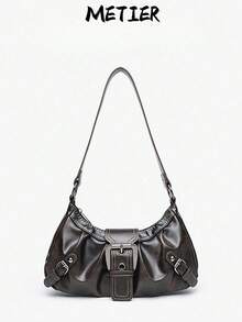 Bolso de moto vintage Miradet Y2K para mujer, de piel suave desgastada, con remaches y hebilla decorativa. Bolso de hombro o axila con diseño de nube plisada. Ideal para el trabajo, desplazamientos, citas y fiestas. - Café integral - Ver 9