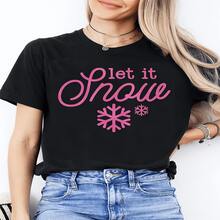 Nueva camiseta de moda para mujer de manga corta, casual, con cuello redondo, estampado navideño de copos de nieve y letras en rosa, regalo perfecto para familiares y amigos, tela con ligera elasticidad, ropa de mujer - Multicolor - Ver 1