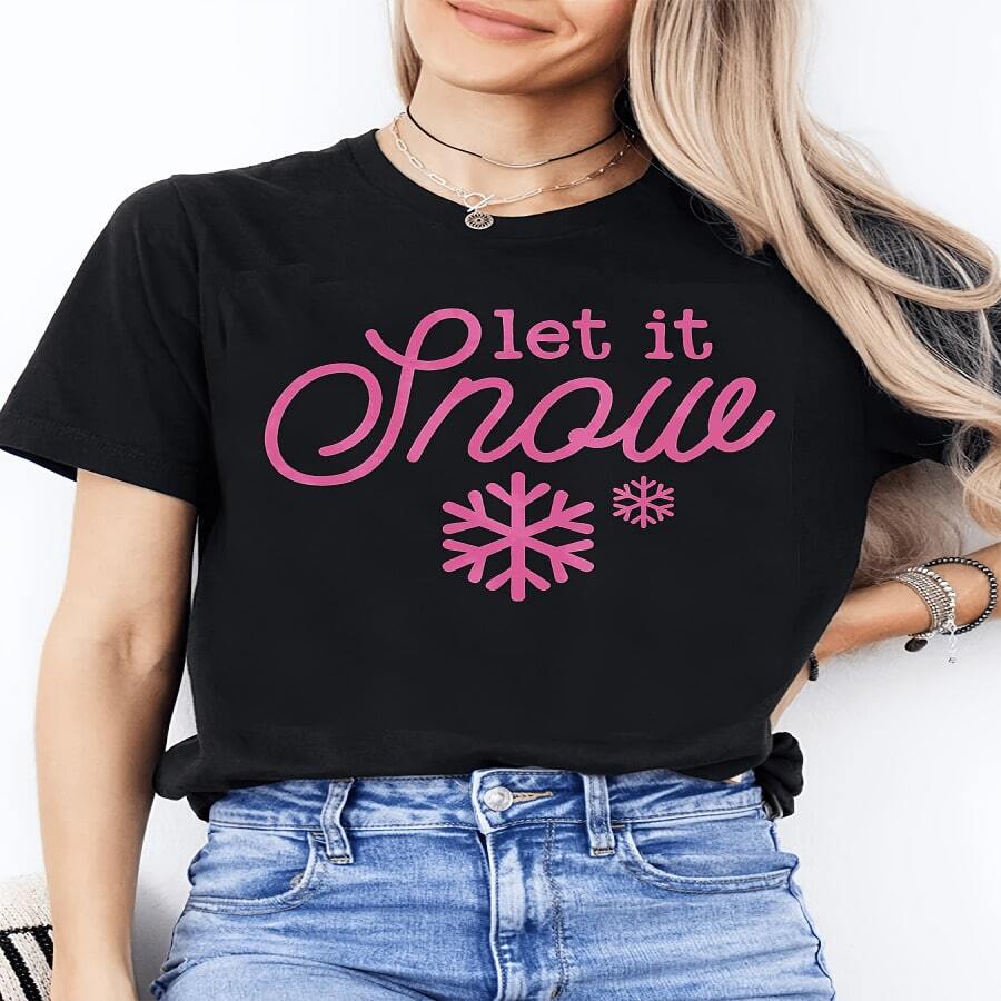 Nueva camiseta de moda para mujer de manga corta, casual, con cuello redondo, estampado navideño de copos de nieve y letras en rosa, regalo perfecto para familiares y amigos, tela con ligera elasticidad, ropa de mujer - Multicolor - Ver 1