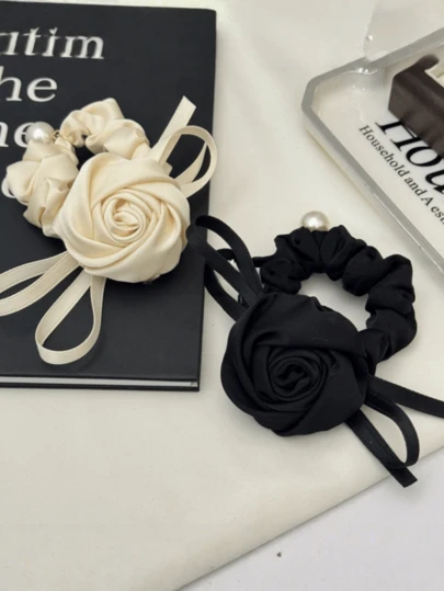 Satin Rose Hair Scrunchies, Bow Hair Ties, Elegant Ponytail Holders