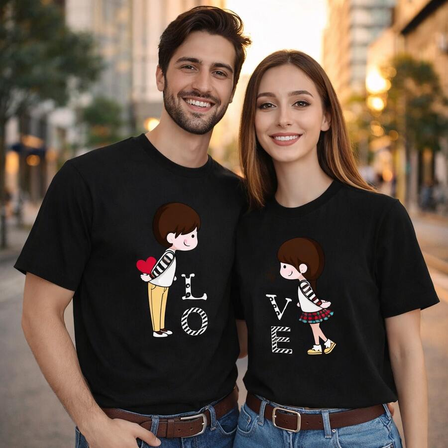 Camiseta con estampado de dibujos animados de amor para parejas, camisetas para hombre y mujer para el Día de San Valentín, uso diario, regalos de cumpleaños, regalos de Halloween, o como camiseta conmemorativa para amigos o seres queridos, también adecuada como suéter. Entrega rápida. - Mujer oscura - Ver 1