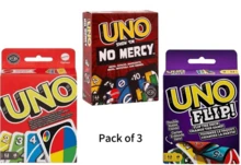Bộ 3 trò chơi Mattel Ruthless UNO, UNO và Flip Card Game, phù hợp cho bé trai, bé gái và thanh thiếu niên, là món đồ sưu tầm trò chơi giải trí phổ biến trong các bữa tiệc. Món quà sinh nhật tuyệt vời nhất dành cho những người yêu thích trò chơi. - Nhiều màu - Xem 11