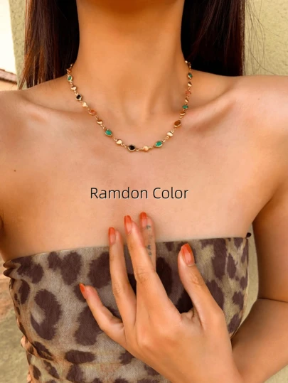 1pc Gold/Silver Color Random Glass Necklace Choker Layered Necklace Bohemian Style Bling Bling Pendant Necklace, Elegant Sophisticated Simple Luxury Fashion Cute, Suitable For Daily Wear, Dates, Parties, Vacations, Holidays, Anniversaries, Birthdays