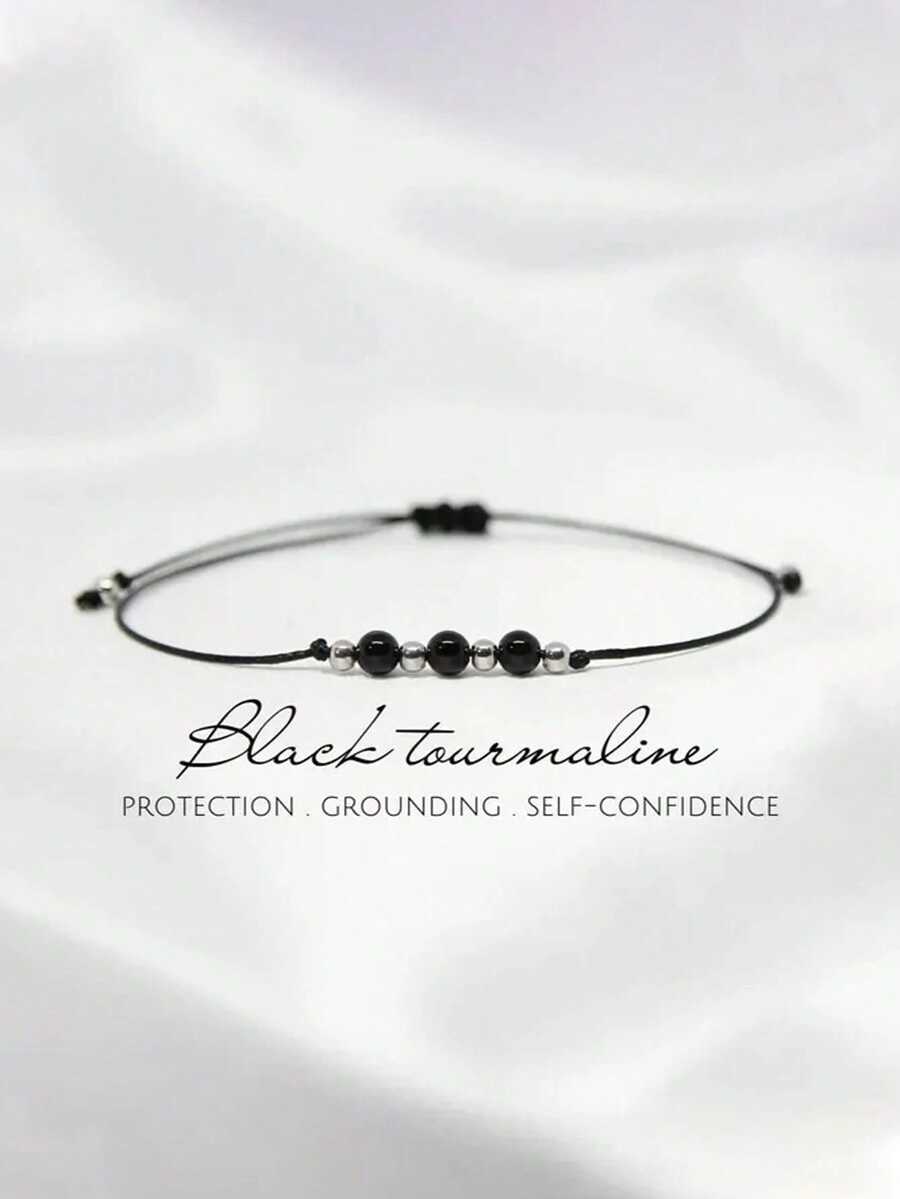 1 pièce Bracelet porte-bonheur en tourmaline noire, un bracelet de cristal d'amulette exquis, un bracelet de pierre de naissance d'octobre, cadeau pour un ami. - Noir 2 - Voir 1