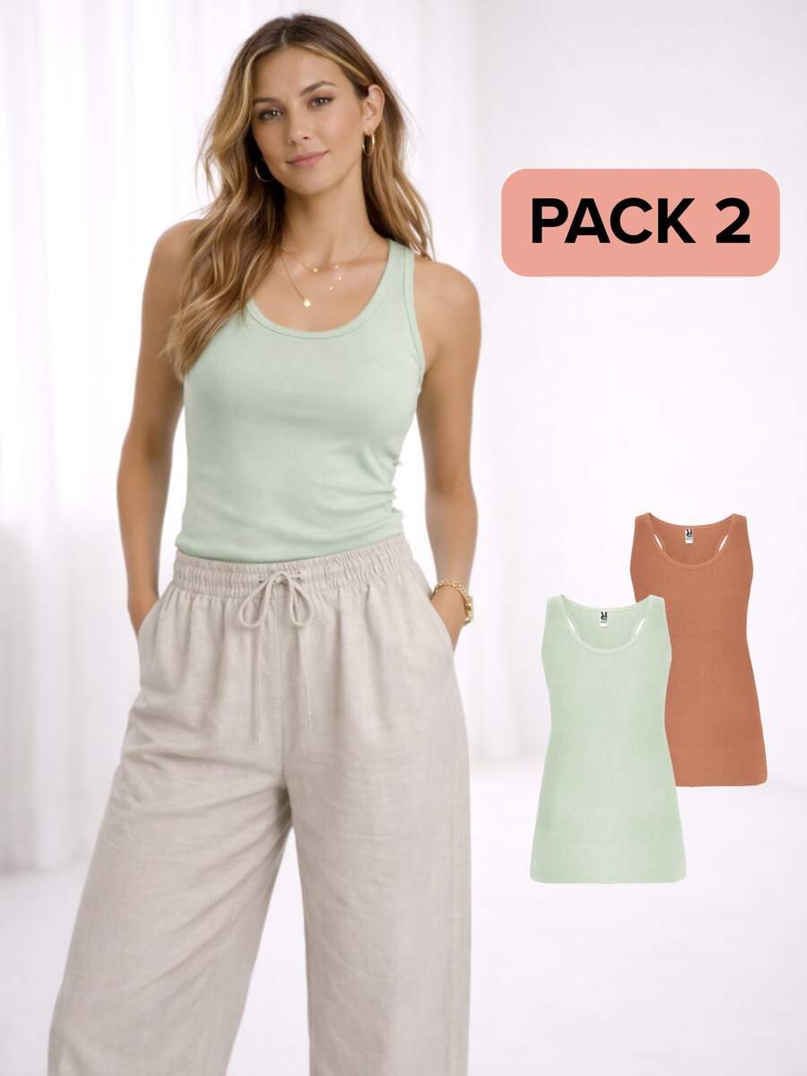 Roly Camiseta BRENDA Mujer Espalda Nadadora (Envío en 48 horas) – Variedad de tallas y colores – Naranja Clay (1), Verde Mist (1) – Pack de 2 unidades – ajuste entallado, espalda deportiva, escote y sisas ribeteadas, tejido transpirable, ideal para verano, deporte, looks casuales, layering o personalización – camiseta sin mangas, top mujer, ropa deportiva, básica verano, racerback - Arcilla naranja y verde niebla - Ver 1