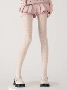 新款春夏渔网袜，法式复古花卉藤蔓图案，竖条纹镂空针织连裤袜 - 彩色 - 查看 4