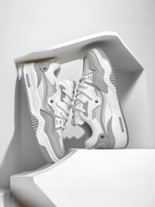 Two-Tone Chunky Sneakers Men's Comfy Non-Slip Lace-Up Casual Shoes - 白灰 - 查看 3