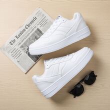 Tenis de hombre y zapatos para hombre de cuero sintético PU con suela de goma EVA transpirables, calzado casual cómodo y ligero de  urbana, zapatillas deportivas con cordones de estilo versátil y elegante, calzado resistente al desgaste y antideslizante con suela suave para caminar, sneakers de moda con diseño ergonómico y transpirabilidad superior. - Blanco - Ver 2
