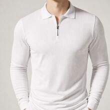 Men's Ribbed Long-Sleeve Polo Shirt With Zipper, Premium Knit - 白色 - 查看 4