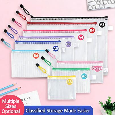 11pcs/Set, 6 Colors PVC Transparent Grid Zipper Bags, Waterproof & Durable, Multi-Size Options, Smooth Zipper For Organizing, Clear View For Easy Access, Suitable For Student Papers, Office Documents, Travel Cosmetics, Back To School Essential Multi-Function Transparent File Bags