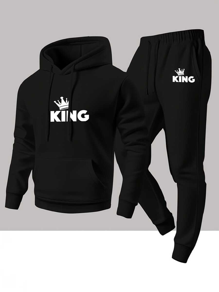 KING Mens Black Warm Hoodie And Pants Set 2 Piece Outfit Fleece Lined For Streetwear Loungewear And Fitness - 黑色3 - 查看 1