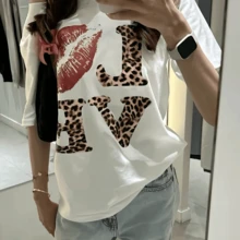 Leopard Love Print Sexy Short Sleeve 100 Percent Cotton Breathable Crew Neck T Shirt Top - 白色 - 查看 1