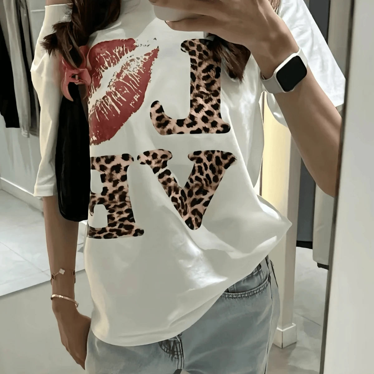 Leopard Love Print Sexy Short Sleeve 100 Percent Cotton Breathable Crew Neck T Shirt Top - 白色 - 查看 1