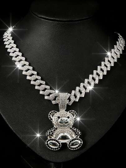 1 pieza Collar con colgante de oso personalizado totalmente cubierto de diamante de imitación, accesorio de moda brillante de estilo hip-hop para hombres, adecuado para uso diario