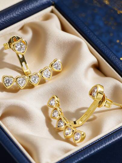 Women's Gold-Plated Heart Ear Cuff Earrings, Decorated With Zirconia Stones, Minimalist Elegant Style, Suitable For Daily Commute And Workwear, An Ideal Gift For Fashion Enthusiasts