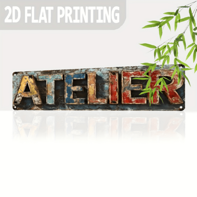 2D Flat, 1pc "ATELIER" Vintage Iron Wall Hanging Sign, 40x10cm - Rustic Distressed Metal Decor For Home, Cafe, Bar, Garage, Garden - Indoor/Outdoor Use, No Power Needed, Metal Wall Hanging Decor, Perfect Room Decoration