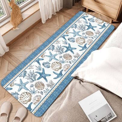 1pc Blue Seashell & Starfish Kitchen Mat, Suitable For Entryway, Hallway, Bathroom, Indoor Doorway, Home Decor Gift, Bathroom Mat, Hallway Runner, Coastal Style, Nautical Theme, Machine Washable Durable Entrance Mat, Home Decor, Home Decor Enthusiasts, Gift Shoppers