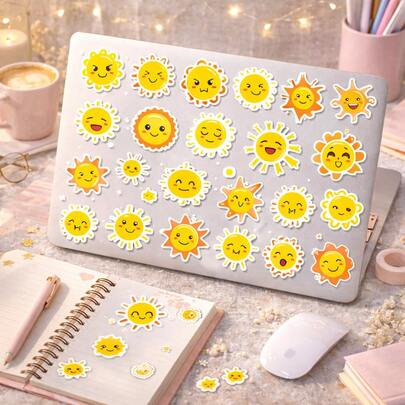 50PCS Cute Sun Stickers Pack, Aesthetic Yellow Sunshine Vinyl Stickers, Kawaii Cartoon Sun Decals For Laptop Water Bottle Phone Case Skateboard Luggage Scrapbook Journal Planner DIY Crafts, Waterproof Girls Teen Sticker Set For Kids Girls Boys Gift Scrapbook Supplies Scrapbooking