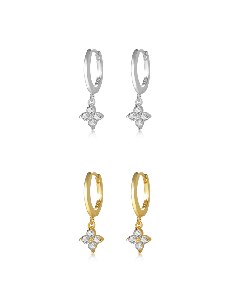 S925 Sterling Silver Lucky Four-Leaf Clover Earrings, Zirconia Ear Cuff, Mini Crystal Flower Earring Set, Fashion Earrings Gift For Valentine's Day - Multicolor - View 3