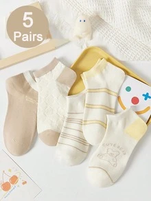 5 đôi tất ngắn thoáng khí, thấm hút mồ hôi cho bé gái, họa tiết gấu dễ thương, phù hợp cho bé từ 8-16 tuổi, dùng ở nhà, mặc hàng ngày và nhiều dịp khác nhau, mùa xuân/hè. - Nhiều màu - Xem 6
