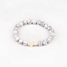 1PC 8MM Natural Stone Cross Healing Bracelet Gift For Christians With Prayer Card - White Turquoise - View 4