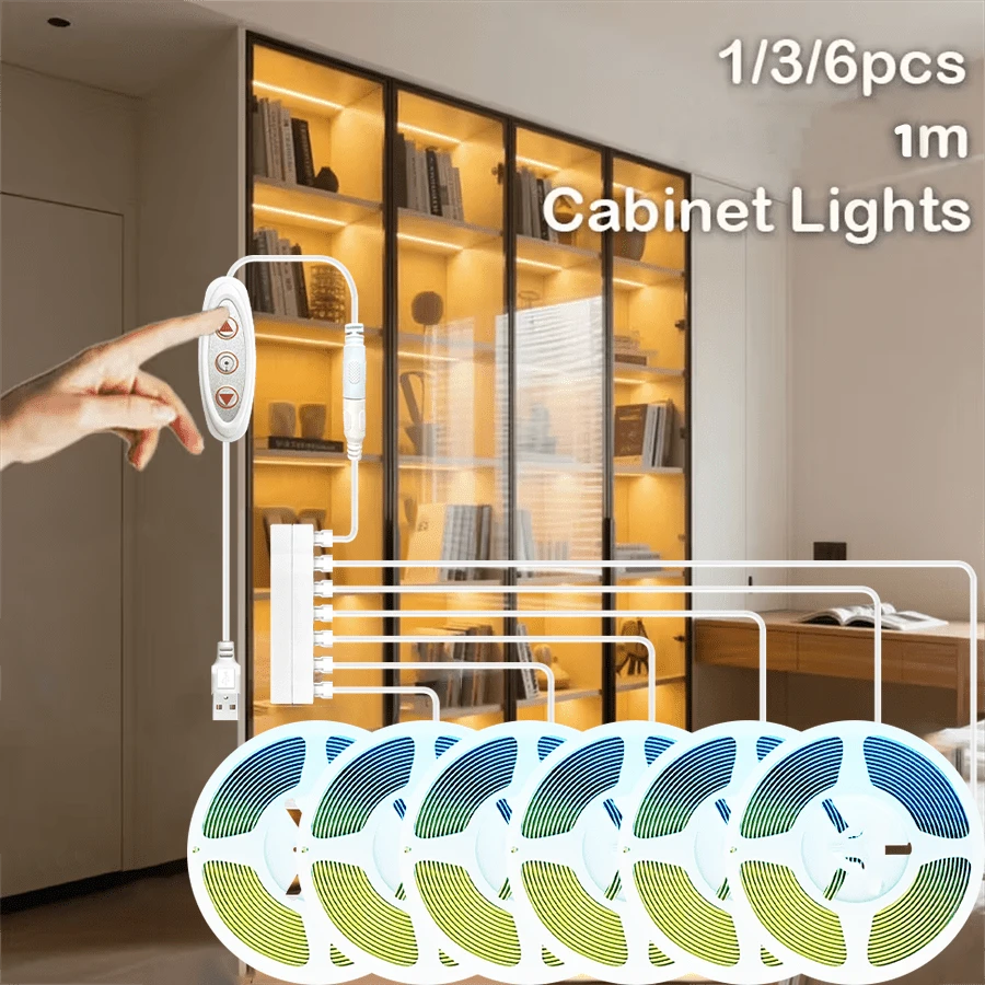 Dải đèn LED COB 1/3/6 bóng, 252 bóng LED/mét, dải đèn linh hoạt với keo hai mặt, điều khiển bằng dây USB với độ sáng có thể điều chỉnh, dải đèn LED dùng cho tủ trưng bày, cấp nguồn bằng USB, thích hợp cho tủ giày, tủ quần áo, tủ trưng bày, văn phòng, phòng ngủ, trần nhà, cầu thang, hành lang, chiếu sáng trang trí.