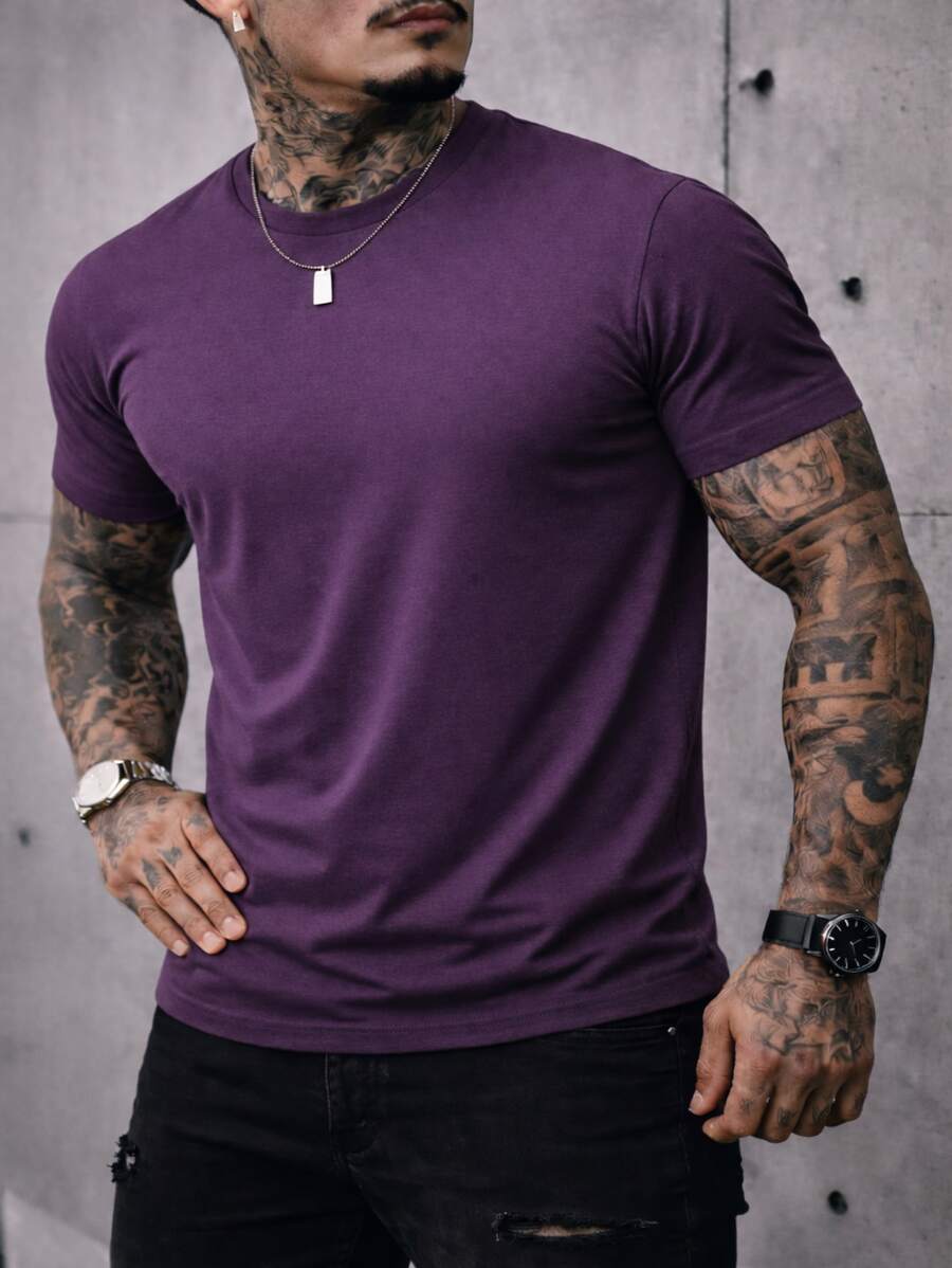 Men's Basic Crew Neck T-Shirt, Premium Cotton, 20 Color Options To Choose From - CAM PÚRPURA - Ver 1