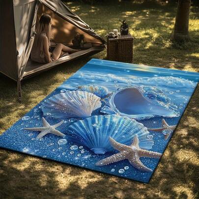 1 stuk prachtig blauw strandkleed met schelpen- en zeesterrenpatroon, geschikt voor badkamer, woonkamer, kantoor en buitengebruik, machinewasbaar, decoratief kleed met strandthema, woonkamerkleed, tapijt, vloerkleed voor de woonkamer, klein vloerkleed, mat, woondecoratie, groot woonkamerkleed, woondecoratie voor de woonkamer, kamerdecoratie, wasbaar tapijt