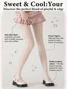 新款春夏渔网袜，法式复古花卉藤蔓图案，竖条纹镂空针织连裤袜 - 彩色 - 查看 11