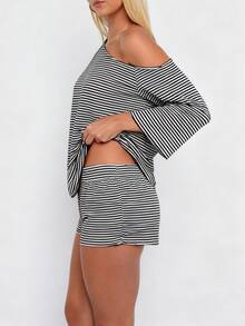 Women Summer Pajama Set Solid Color Off Shoulder Short Sleeve Tops And Mini Shorts 2 Piece Lounge Outfit - Multicolor - View 2