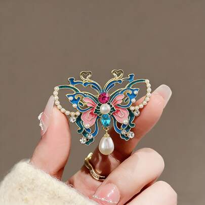 1pc Luxury Enamel Butterfly Brooch, Blue & Pink Floral Design With Pearl & Crystal Inlay, Vintage Style Pin Suitable For Hair, Hat, Bag, Dress, Great Gift For Her