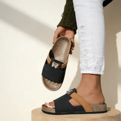 女士黑色水钻蝴蝶软木拖鞋，尺码 36-43，休闲夏季度假拖鞋