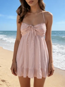 Women's Summer Dot Print Cami Dress White Sleeveless Ruffle Trim Herm Tie Up Beach Dress - 粉色 - 查看 7