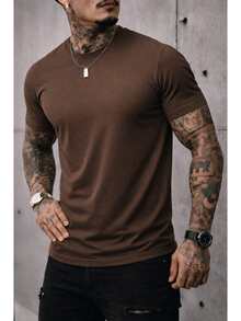 Men's Basic Crew Neck T-Shirt, Premium Cotton, 20 Color Options To Choose From - LEVA MARRÓN - Ver 1