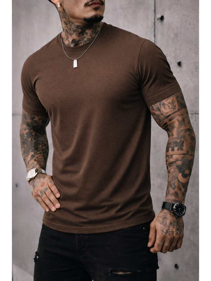 Men's Basic Crew Neck T-Shirt, Premium Cotton, 20 Color Options To Choose From - LEVA MARRÓN - Ver 1