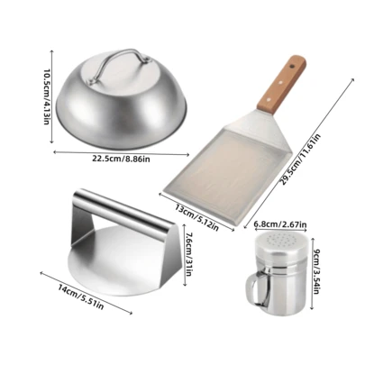 Juego de 3 piezas/4 piezas para barbacoa, incluye espátula con mango de madera, tapa para derretir queso, herramientas de barbacoa de acero inoxidable, prensa de hamburguesas de acero inoxidable apta para plancha, raspador plano y salero