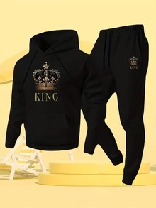 KING Mens 2 Piece Warm Hoodie Set Tracksuit In Black Fleece Lined For Sportswear Lounge And Urban Streetwear - 黑色6 - 查看 1
