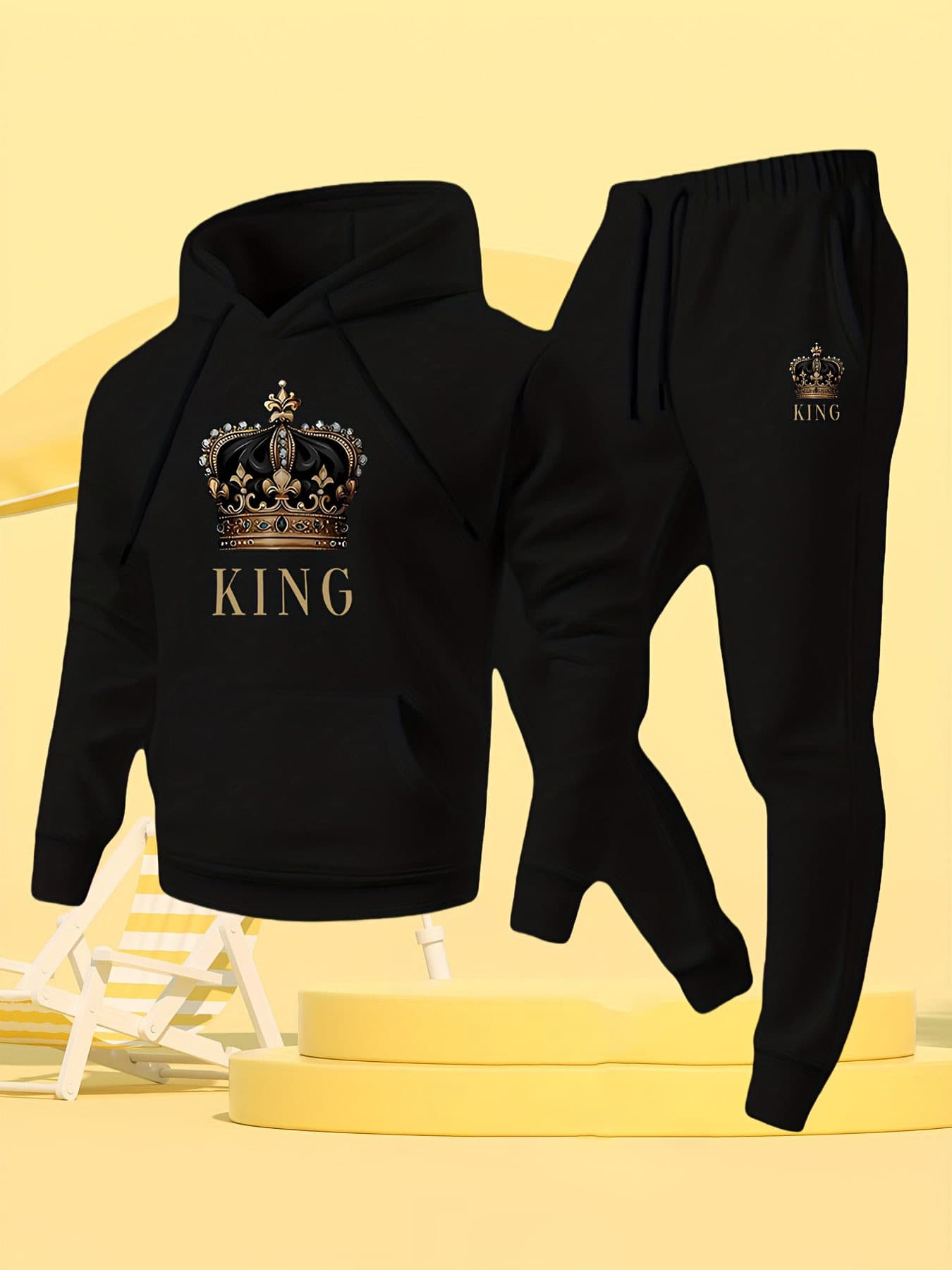 KING Mens 2 Piece Warm Hoodie Set Tracksuit In Black Fleece Lined For Sportswear Lounge And Urban Streetwear - 黑色6 - 查看 1