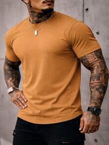 Men's Basic Crew Neck T-Shirt, Premium Cotton, 20 Color Options To Choose From - CAM ALMOND - View 2