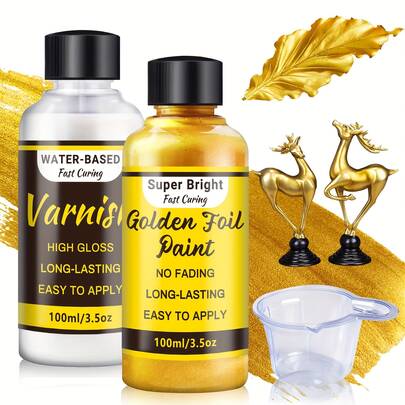 Pintura líquida de hoja dorada, pintura acrílica metálica dorada de 100ml y barniz brillante de 100ml, dorado líquido brillante y rico para pintura artística, ideal para manualidades en lienzo, tela, metal, no se desvanece, a base de agua.