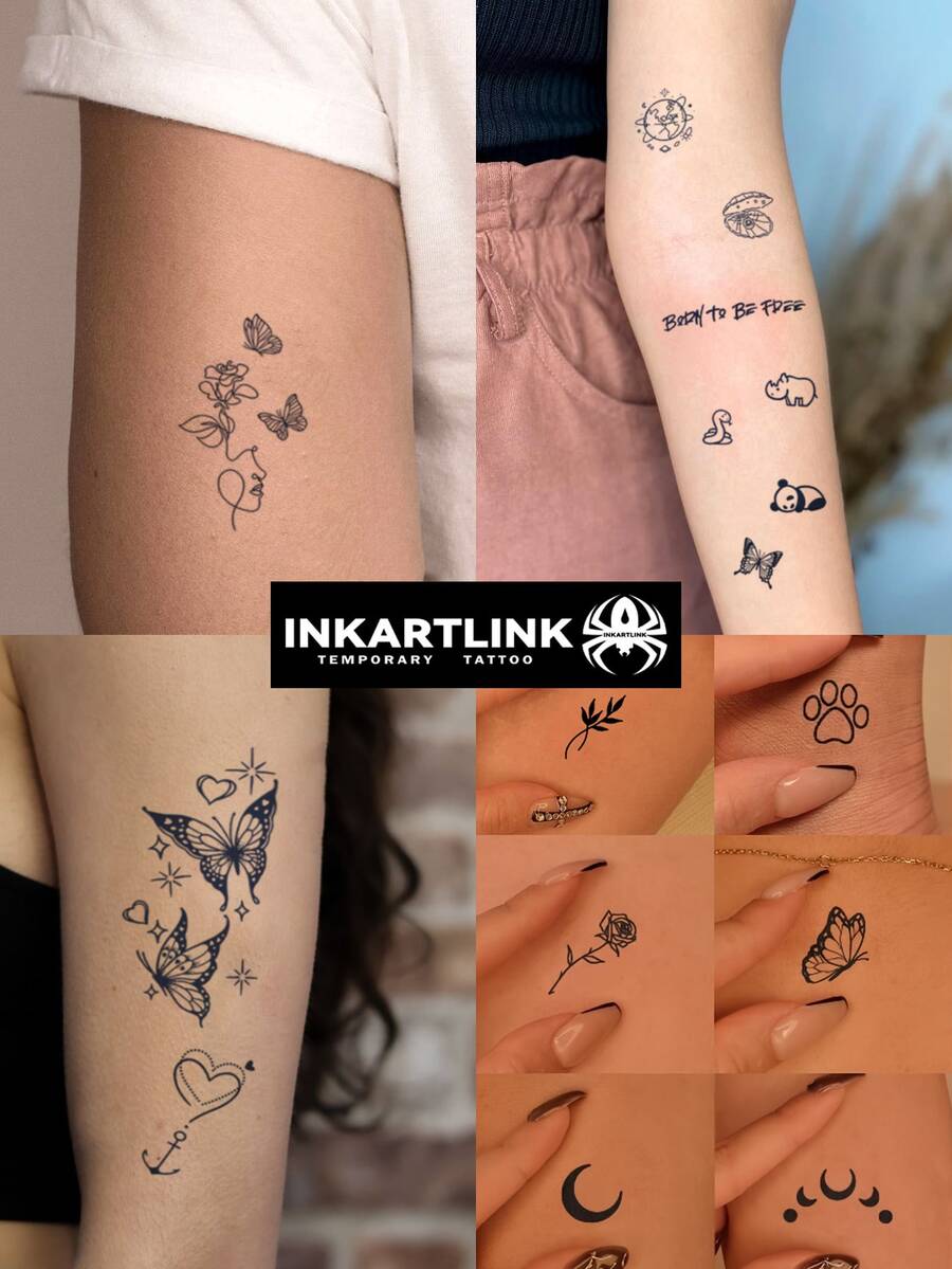 INKARTLINK 4片装蝴蝶系列装饰手指纹身贴纸,防水临时人体彩绘纹身,持久1-2周,果汁纹身贴纸,深受女孩喜爱的装饰品,潮流达人必备,派对必备 - 黑色 - 查看 1