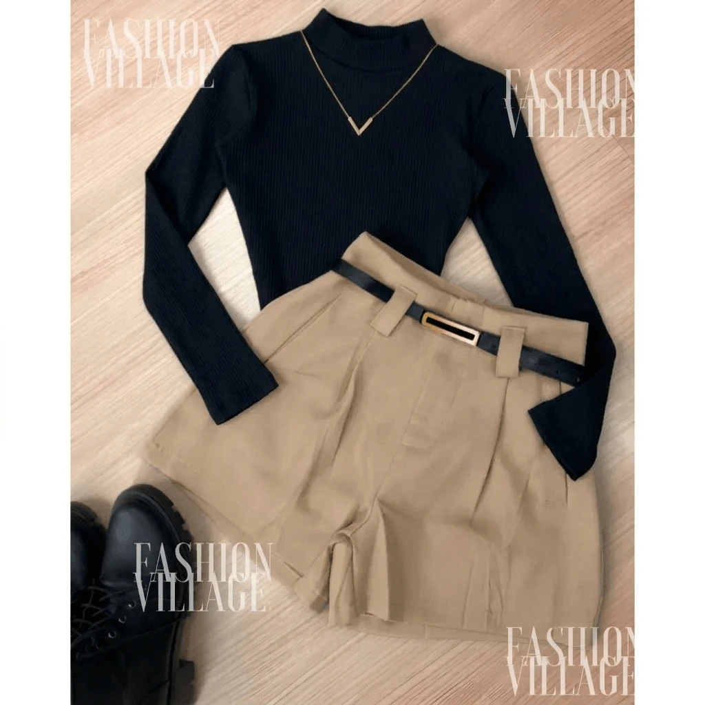 Set Of 2: Long-Sleeved Bodysuit + Black Shorts. Winter Fashion Blogger 2025 - màu đen - Xem 1