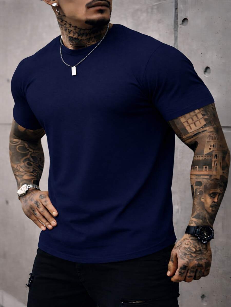 Men's Basic Crew Neck T-Shirt, Premium Cotton, 20 Color Options To Choose From - CAMA AZUL MARINO - Ver 1