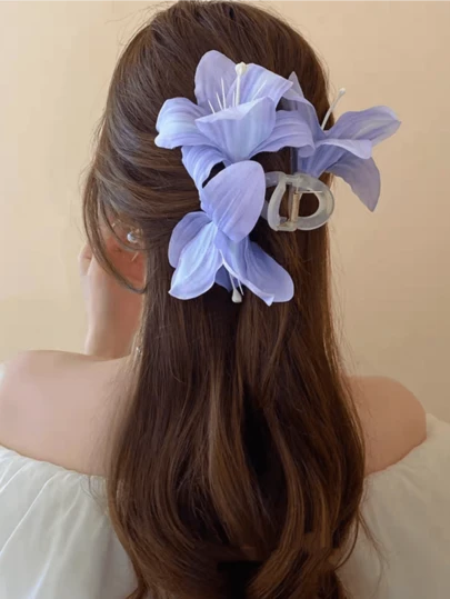 1 pieza Pinza de pelo con flor de lirio morada floral y dulce de moda, accesorio de pelo de gran tamaño para primavera/verano