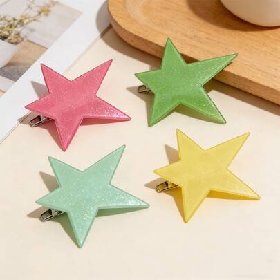 4pcs Y2K Baddie Style Colorful Star Hair Clips, Glitter Star Duck Clips